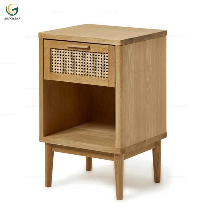 
1 Drawer Bedroom Furniture Wood Bedside Table Natural Rattan Nightstand 