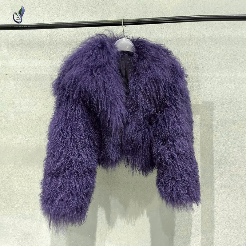 Wholesale Supply Winter Warm Fluffy Real Fur Coat Ladies Cropped Real Mongolian Sheep Fur Jacket