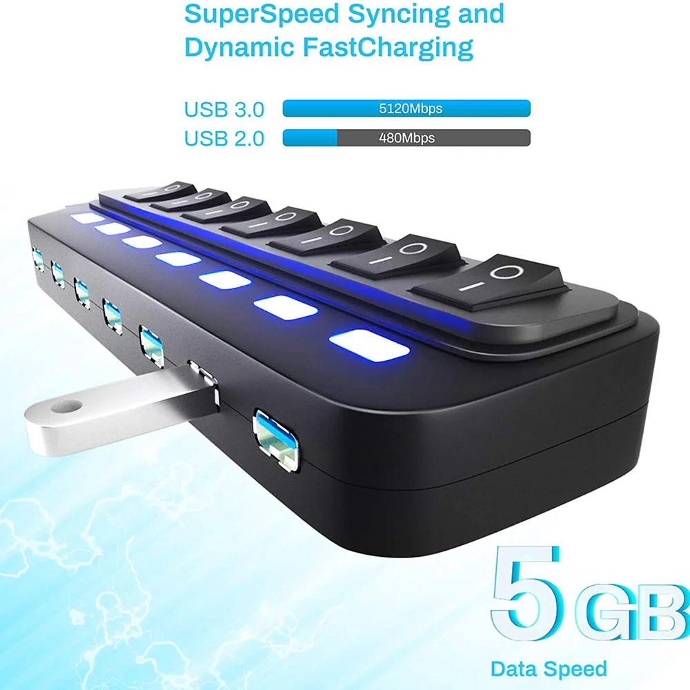 High Quality Multi Port USB Splitter 7 Ports Usb 2.0 7 In 1 USB-C Pd HUB With High Speed ON OFF Light Switch