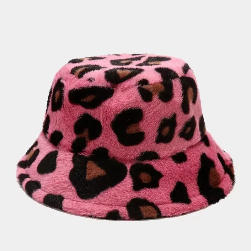 Custom Adult Kids Size Design Logo Fluffy Winter Soft Fuzzy Leopard Women grain Bucket Hat