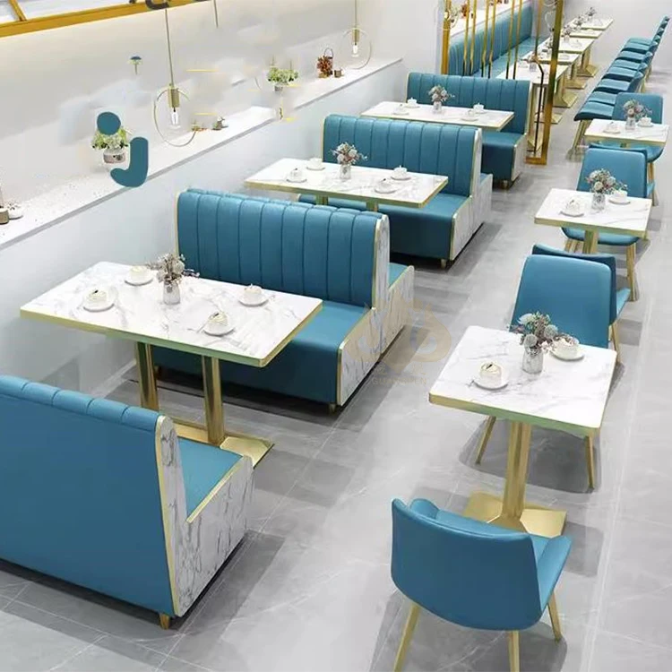 Wholesale Modern Restaurant Furniture Sets Cafe Fast Food Booth Seating Sofa Golden Metal Dining Tables and Chairs Set
