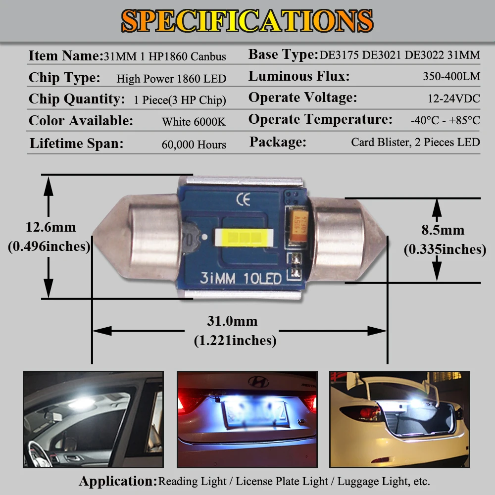 1860 1smd led festoon light car light 28mm 31mm c3w led canbus