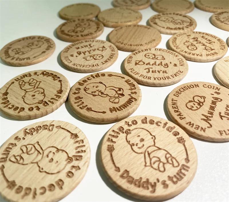 2 Pcs Funny Pregnancy First Time Moms Baby Decision Challenge Coin Set wood new parent decision coin flips wood coin flips