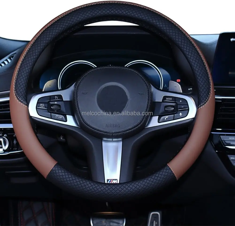 MELCO Amazon Hot Seller Black Brown Leather Universal 15 Inch Fit Anti-Slip Odor-Free Car Steering Wheel Glove Cover