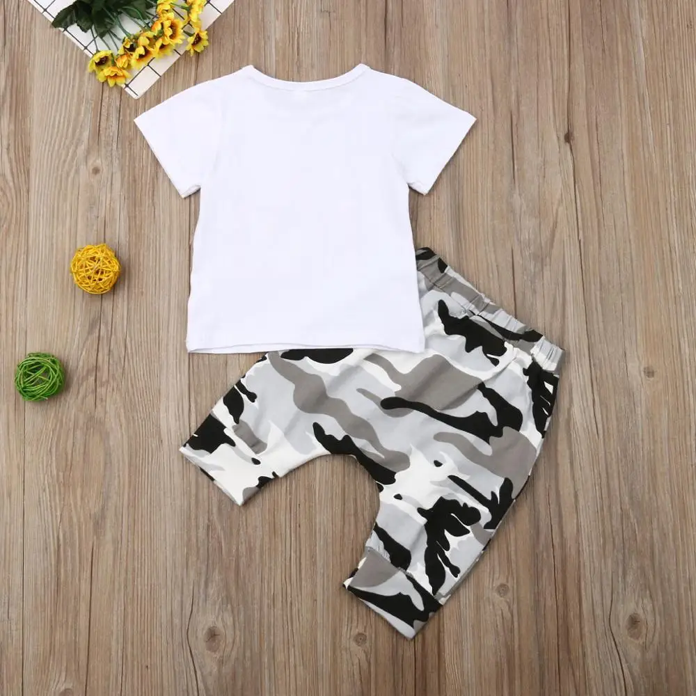 2019 new hot selling crown pattern camouflage pant two piece modern natural baby summer clothes for 1 year old boy