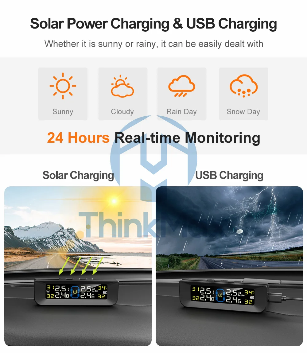 Car TPMS LCD display 8bar Solar Power Wireless Automatic accessories Tyre Tire Pressure  Alarm Monitoring System For Car TPMS
