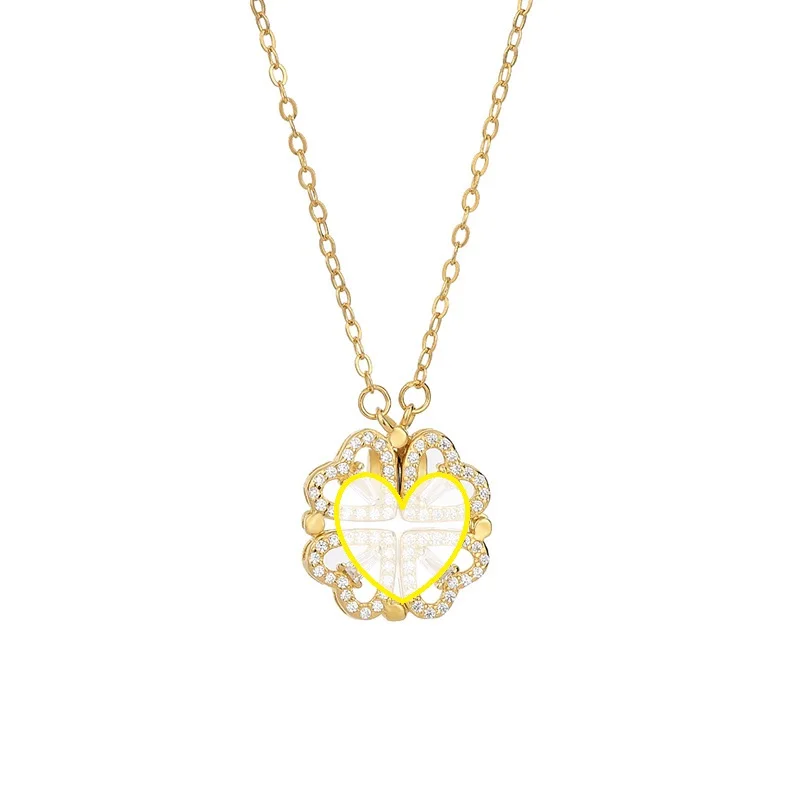 C&J Best Selling S925 Sterling Silver Magnetic Folding four leaf clover 18K Gold Plated Pendant Necklace Jewelry for Women