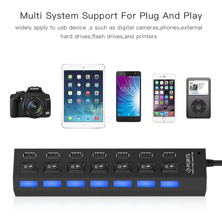  Обновленная новая упаковка многопортовый usb-концентратор 2 0 адаптер Высокоскоростной 7-портовый концентратор USB с переключателем вкл/выкл портативный