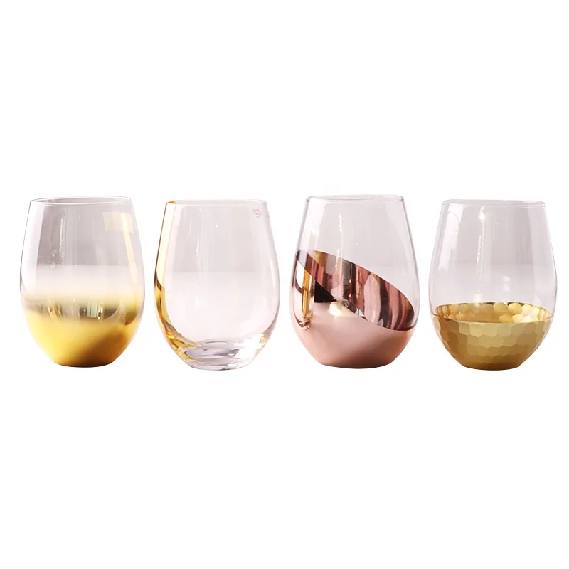 Wholesale Colored Electroplated Stemless Wine Tumbler Glasses With Decal Tea and Water or Juice Glass Cup