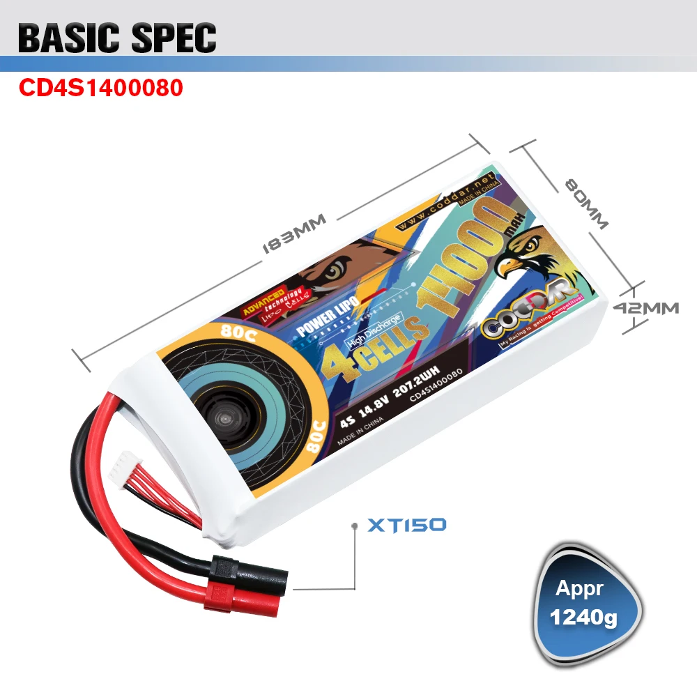 CODDAR 4S 14000MAH 14.8V 80C XT150 Connector RC LiPo Battery Large Scale Drone Agriculture Quadcopter Race Car Truck Buggy
