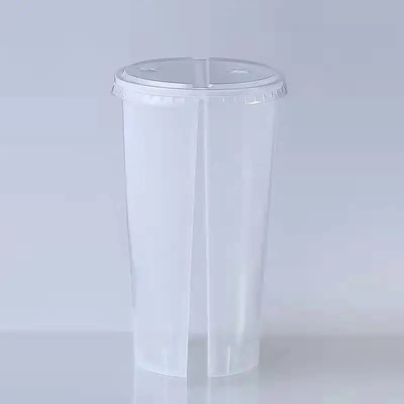 100 pcs 700 ml disposable 3 compartments PP plastic cup Share twin Plastic Milk Tea Cup with lid
