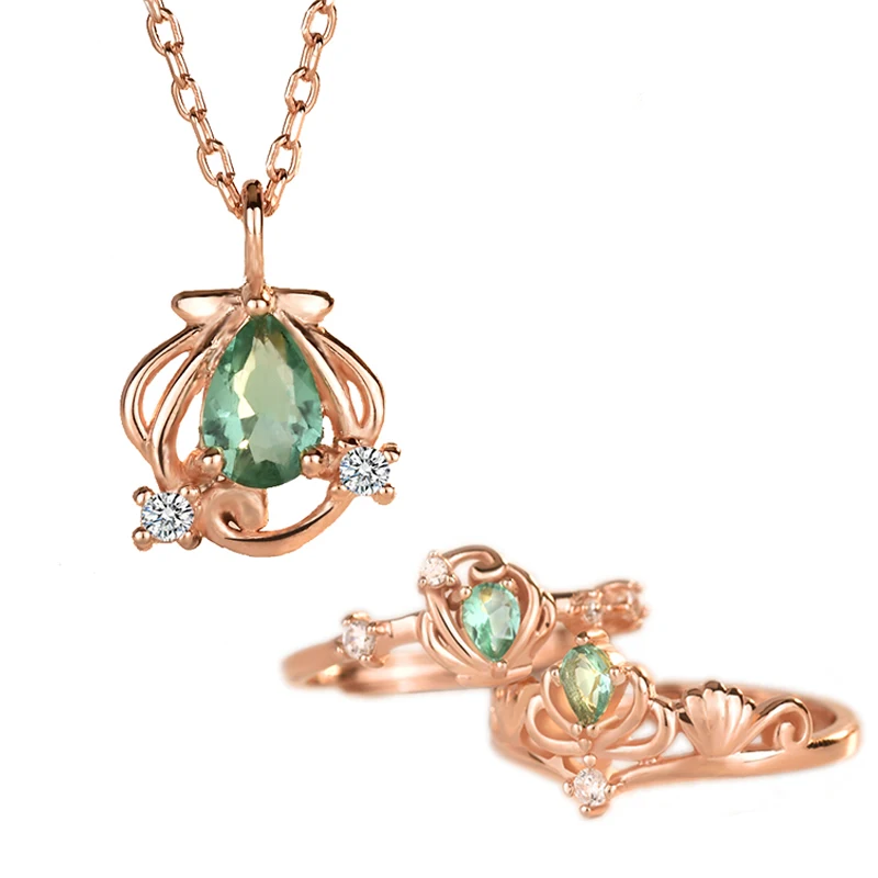 ML92+JL03 Cute cartoon 925 silver green color little mermaid sea-maid princess ring series with the same necklace jewelry set