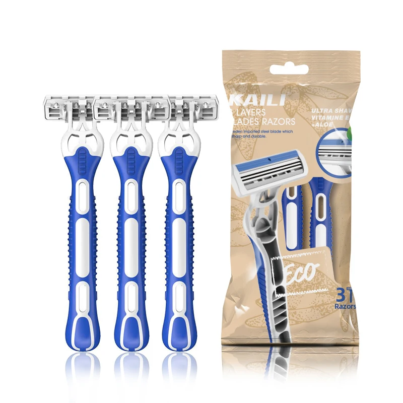 women color 3 blades disposable wholesale shaving razors with recycled plastic and rubber handle