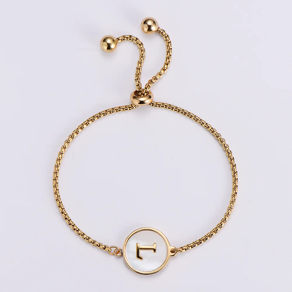 Hainon 2022 Stainless Steel bracelet Electroplated 18k Gold Circle Plate White Shell Adjustable A-Z Letter Bracelet