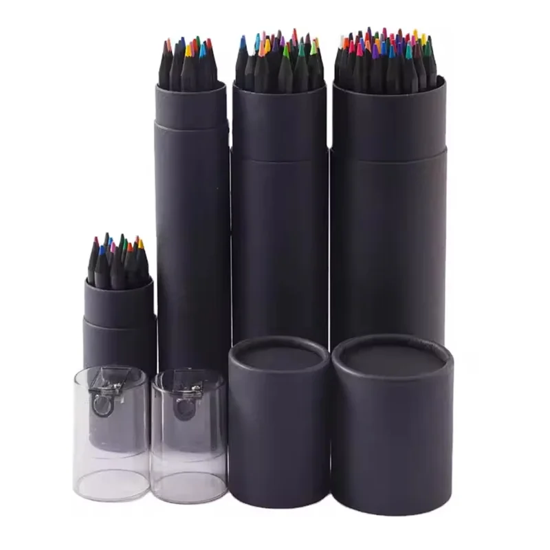 New Eco-Friendly Paper Tube Color Pencils Set 12pcs Custom Round Colored Pencil Black Wooden Pencil Sets