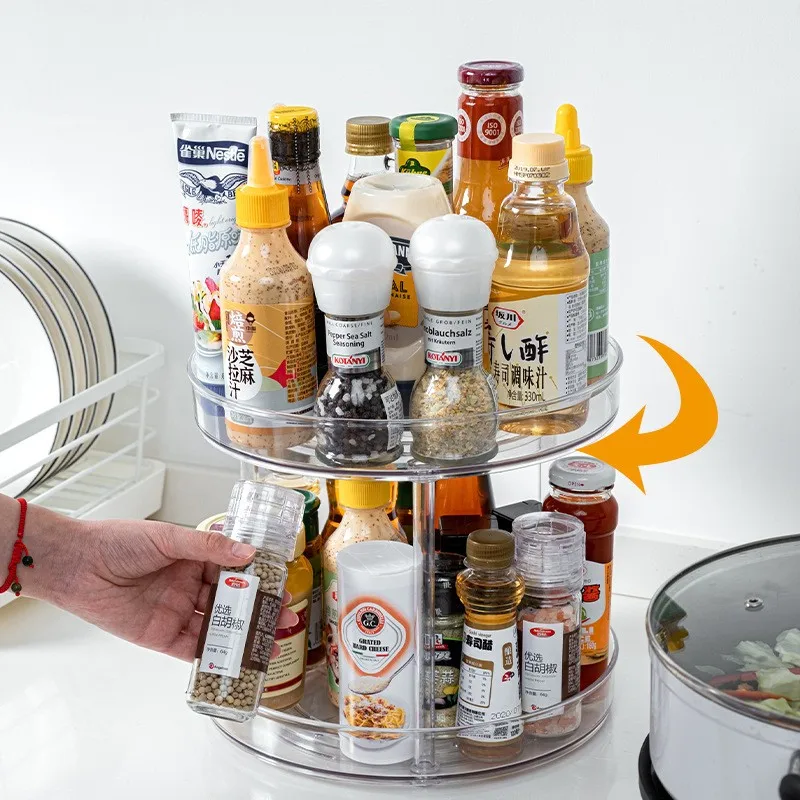 Large double layer multifunctional condiment rotating storage rack Plastic Spinning 2-Tier Lazy Susan Turntable Storage Tray