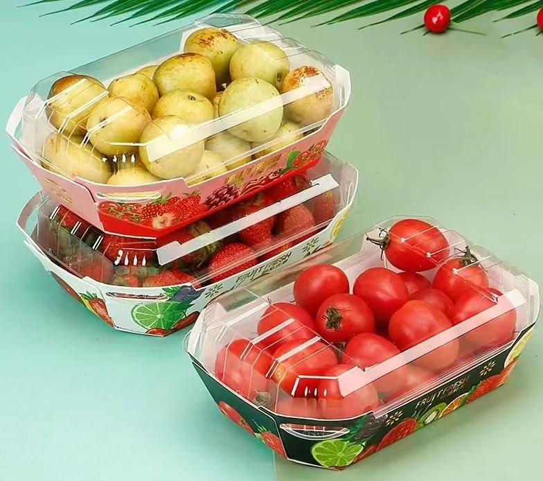 Wholesale Custom Printed Fancy Furit Vegetable Cardboard Paper Boat Tray With PET Lid