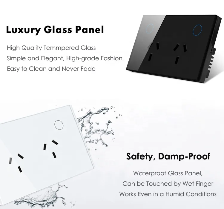 AU Standard Wifi Controlled Toughened Glass Panel Smart Electrical Touch Switch and Power Points