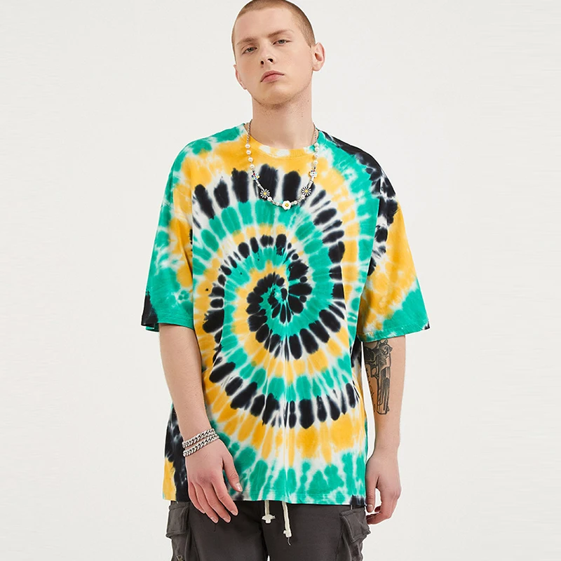 New Summer 2021 Three-color Vortex Psychedelic Tie-dye Short Sleeves Custom Logo Cotton Casual T-shirt for men