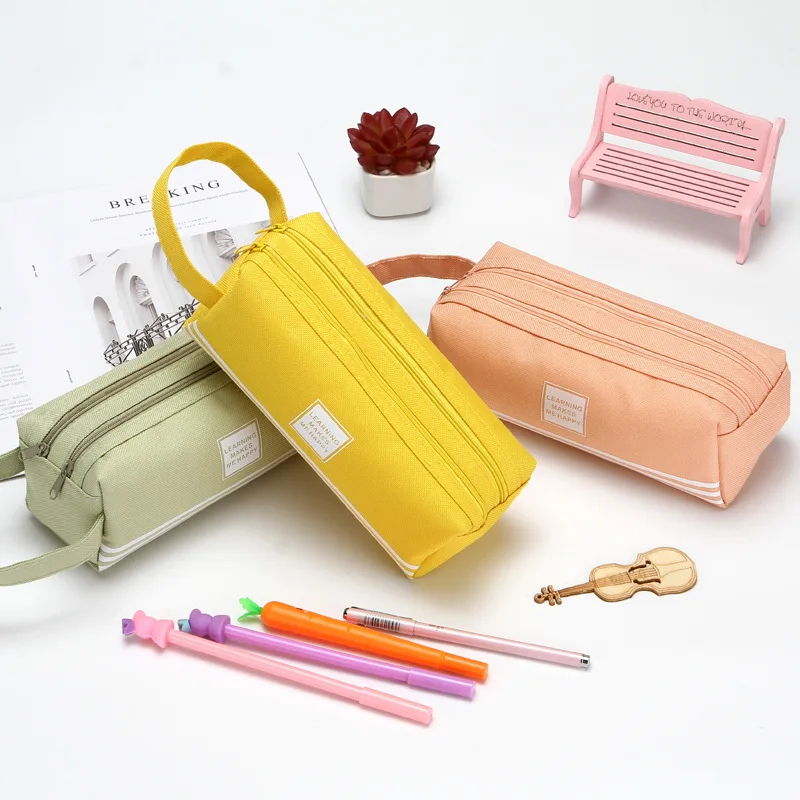 2022 Creative Double-Layer Large Capacity Portable Kawaii Pencil Case Oxford Cloth with Double Zipper Soft Leather Material