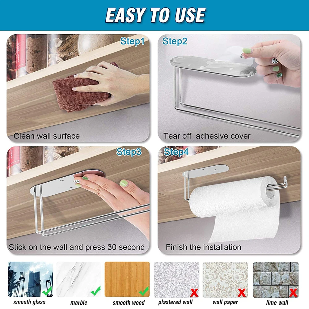 Paper Towel Holder Under Cabinet Mount Self Adhesive & Wall Mount Fits in Kitchen or Bathroom SUS304 Stainless Steel