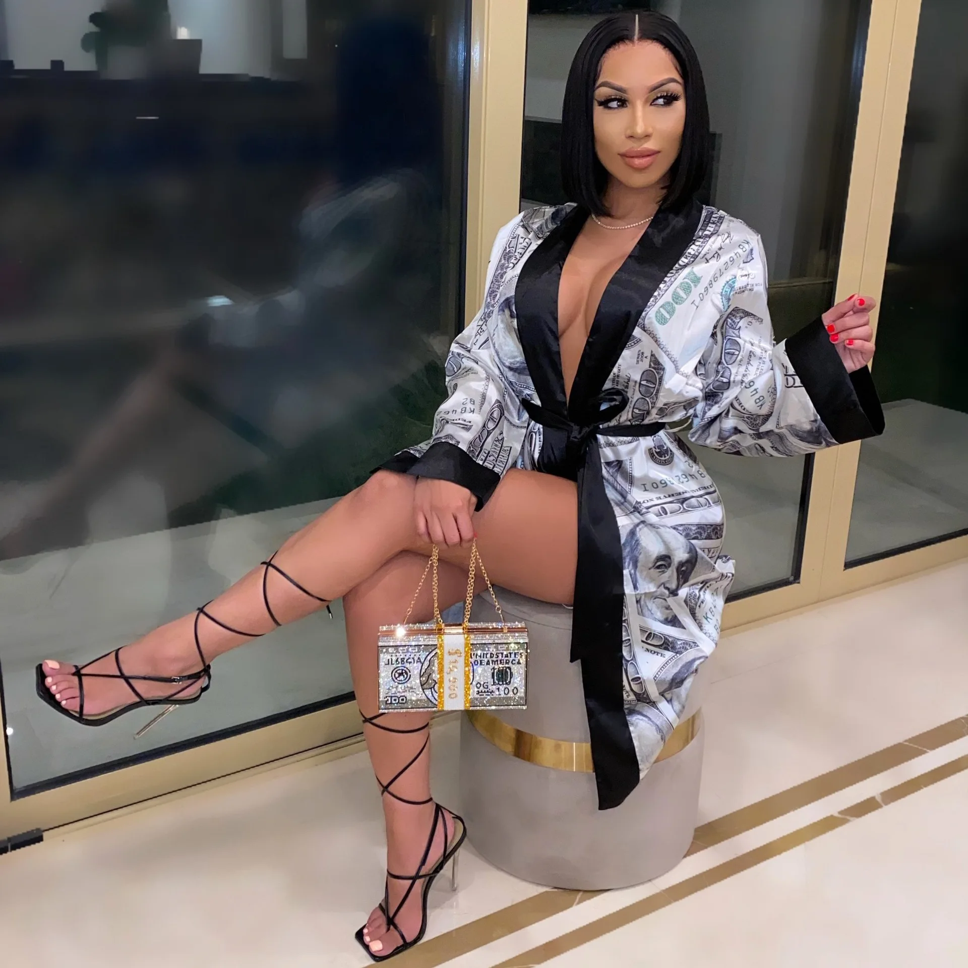 pajamas women set 2022 Long Sleeve Dollars Money Print plus size Satin Silk Robes Kimono Bridesmaid Bride Party Robes Sleepwear