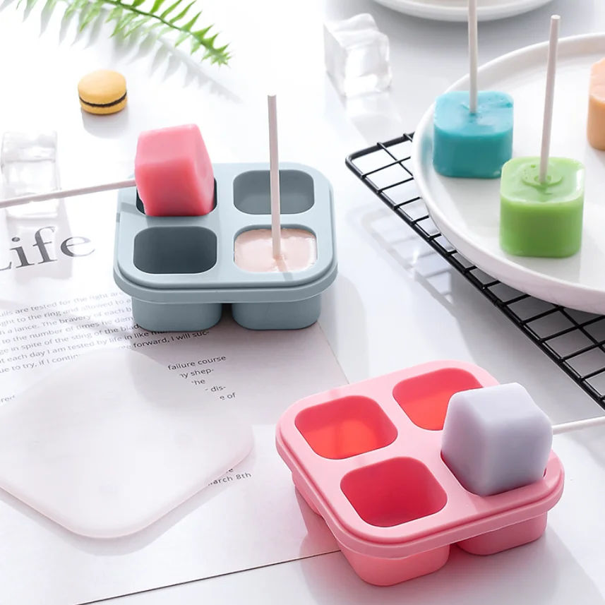 4 Cavities Square Shape Lollipop Molds Nonstick Silicone Candy Chocolate Cookie Sucker DIY Making Mould For Home Party