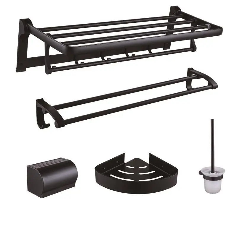 5 Piece Wall Mounted Bathroom Accessory Set Aluminum Black Towel Rack Towel Rack Paper holder