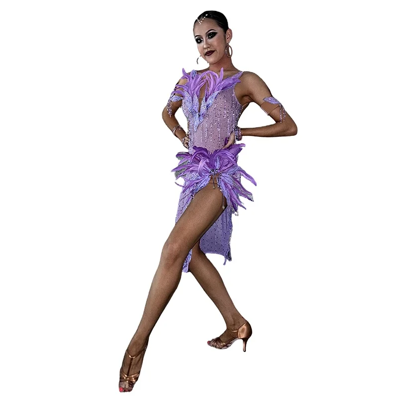 K-324 Latin Dance Dress Competition Dresses Costumes Skirt Performing Rhinestones Adult Children Tassel dress Various color