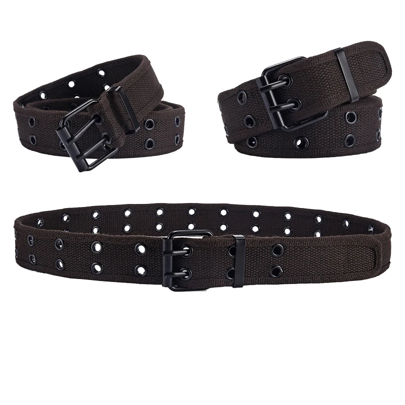 Double Grommet Belt Fabric Punk Aesthetic Belt for Women Men Casual Dark Color Pin Buckle Jeans 2 Hole Belts