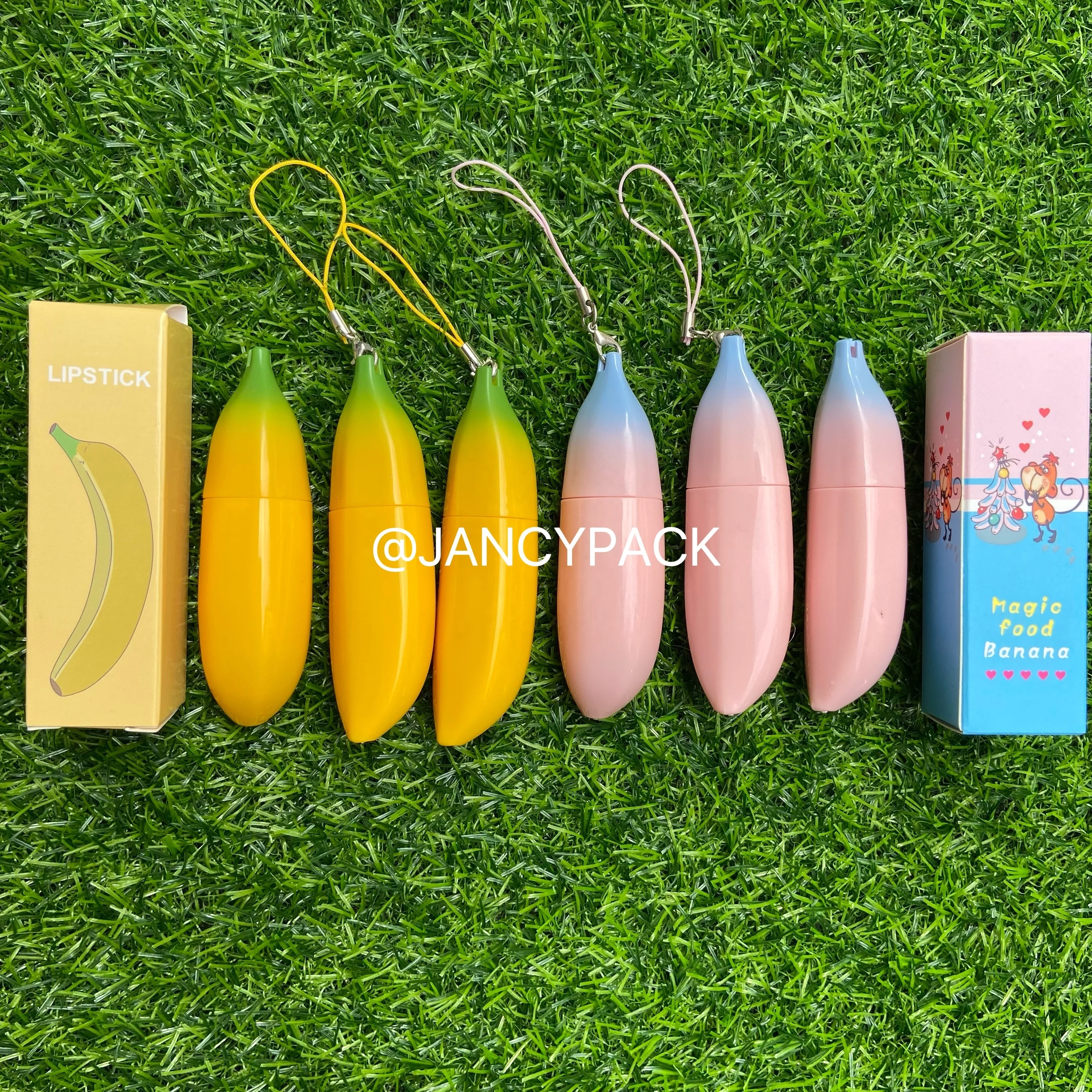 JANCY PACK unique cute empty lipstick tubes for kids child lip  care banana shape lip balm packaging tubes with key chain hole