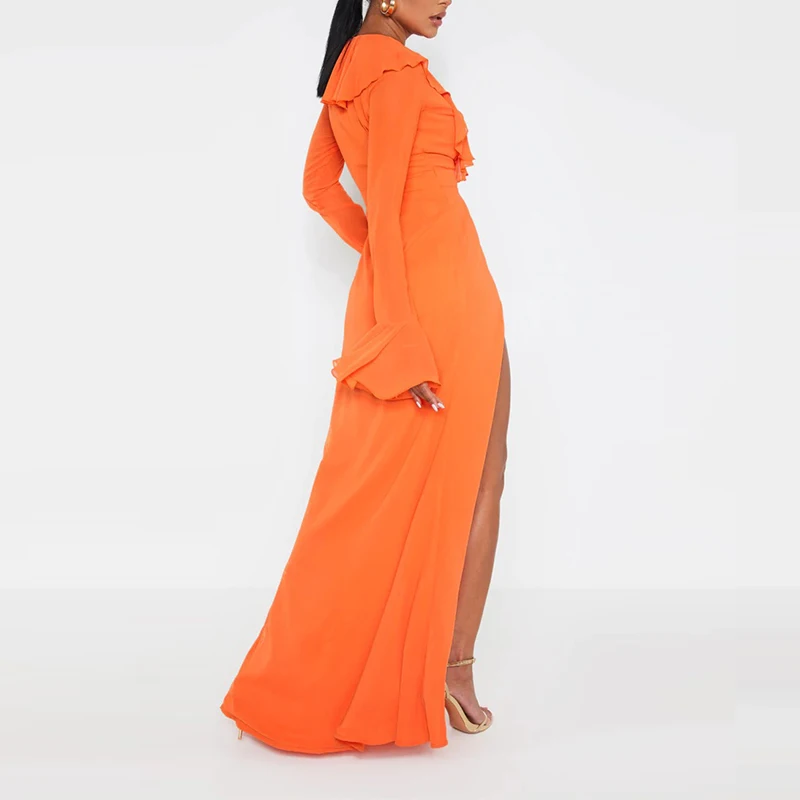 Однотонное вечернее платье с глубоким вырезом и оборками элегантное облегающее большого размера длинным рукавом разрезом до бедра