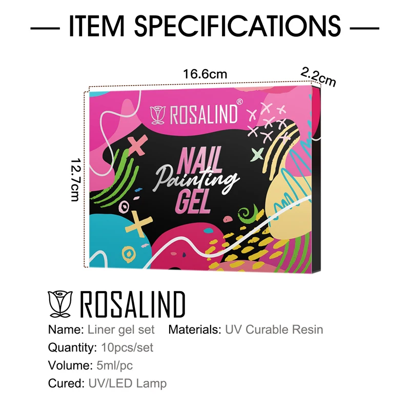 Rosalind oem private label manicure resin gel varnish lacquer wholesale uv lamp curing 10pcs liner gel polish set for nails art
