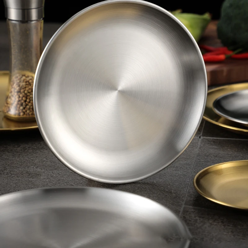 Custom Logo Korean Stainless Steel Barbecue Plate 14cm 17cm 20cm 30cm Round Tray Serving Dishes Plates