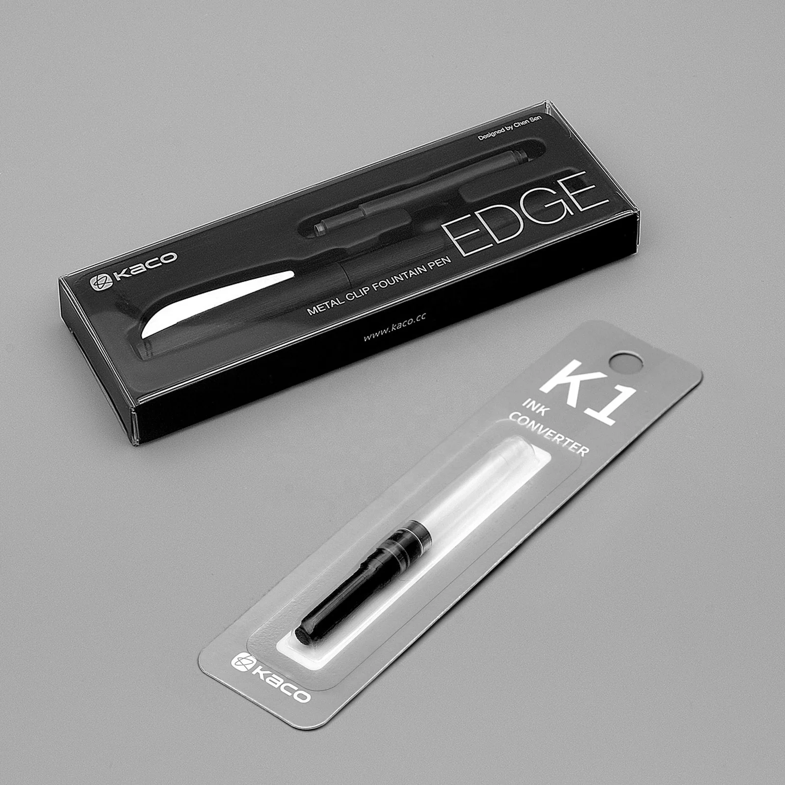 KACO EDGE Fountain Pen, Fine Nib with 2 Large Capacity Black Ink Cartridges in Gift Box with Converter Set Black Barrel