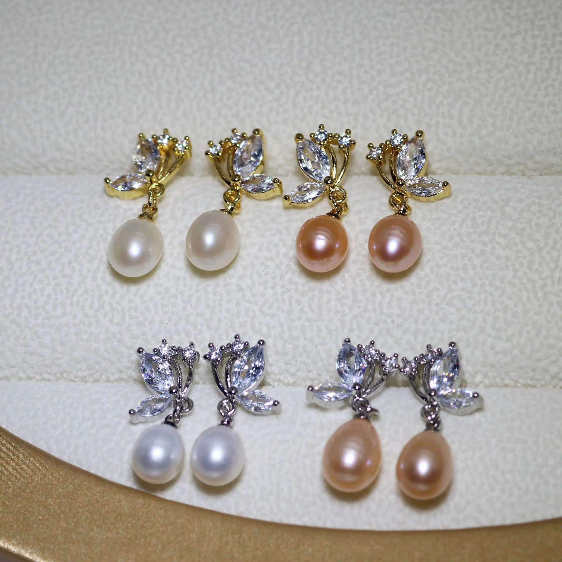 18k Real Gold Plated White Zircon Vintage Natural Freshwater Pearl Drop Earrings For Women