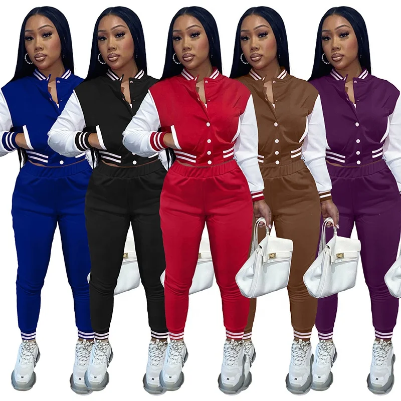 Womens Two Piece Sets Baseball Uniform Letterman Varsity Jacket Pants Suit Matching Streetwear Patchwork Sweatsuit Tracksuits