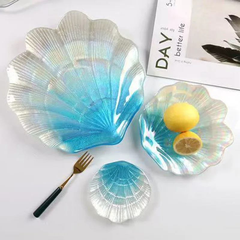 custom logo iridescence colored dinner plate shell shaped glass charger plate for event