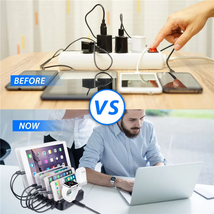 Upgraded 12A 6 Port USB Phone Charging Station for Multiple Devices iPhone iPad Watch Airpods