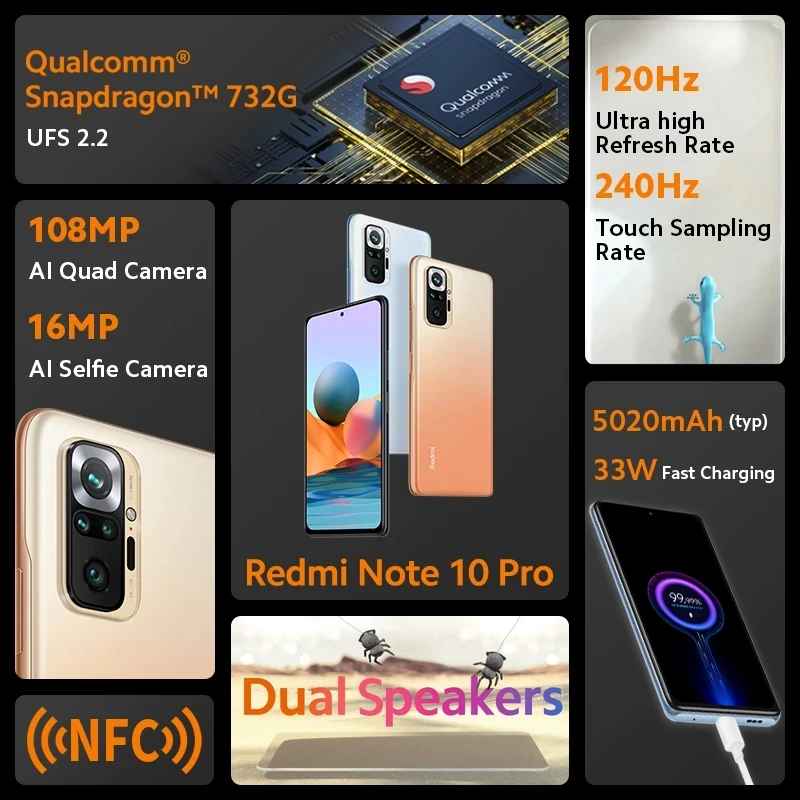  Мобильный телефон Xiaomi Redmi Note 10 Pro глобальная версия 128 Гб ПЗУ 6 ГБ ОЗУ 732 дюйма 4 камеры 64 мп 5020 мАч NFC AMOLED дисплей