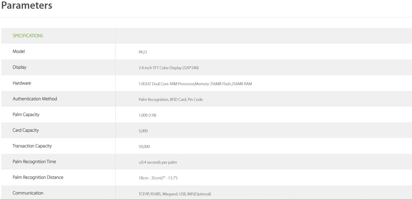 PA22 Biometric Palm Vein Scanner Access Control Terminal