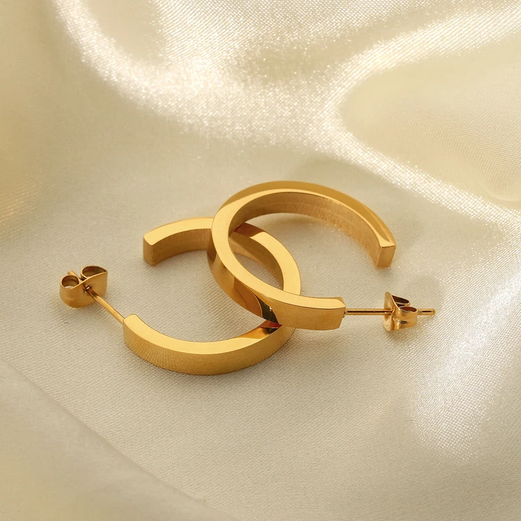18k gold stainless steel Fashion chunky magazine opening hoops square tube plain 14k C shape earrings for woman