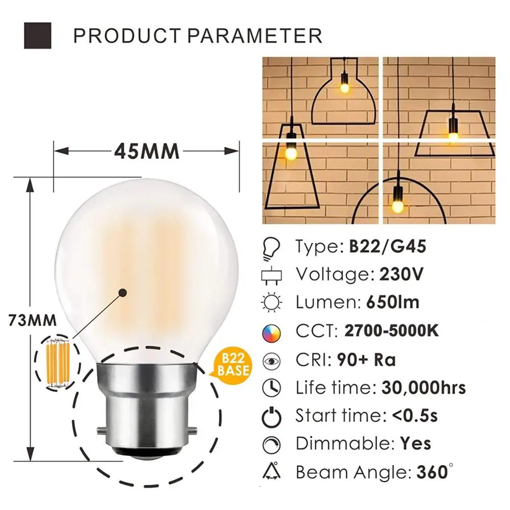 
6W 650LM G45 Frosted LED Filament Bulb E12 E14 E26 E27 B22 Decorative Globe LED Bulbs 2700K 3000K 4000K 5000K 