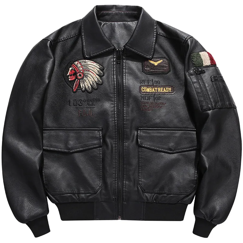 High Quality Highway Style PU Leather Casual Men Brown Exquisite Embroidery Motorcycle Men Leather Jacket