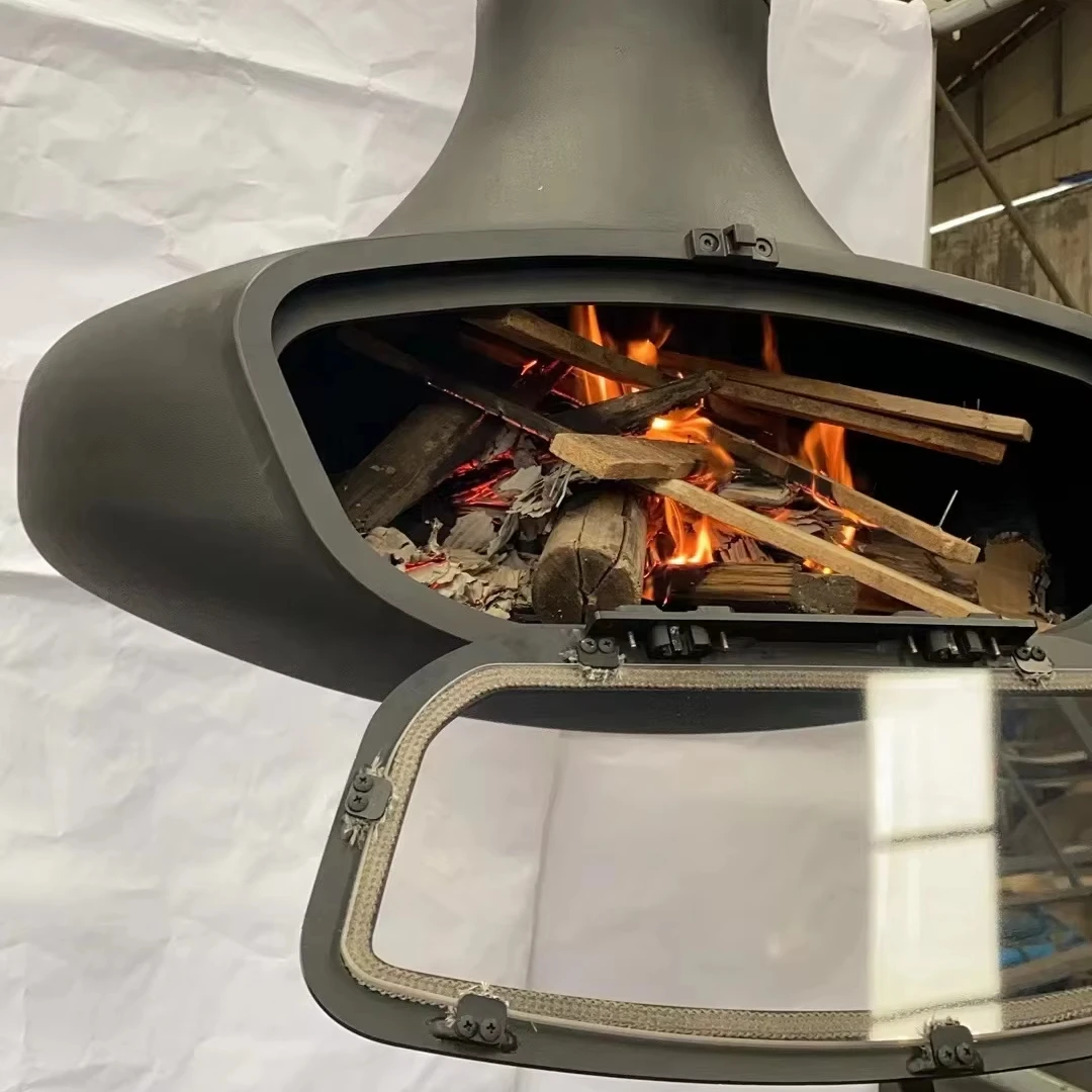 Real flame stove indoor steel fireplace wood burning hanging ceiling modern glass door opening decor luxury fireplace