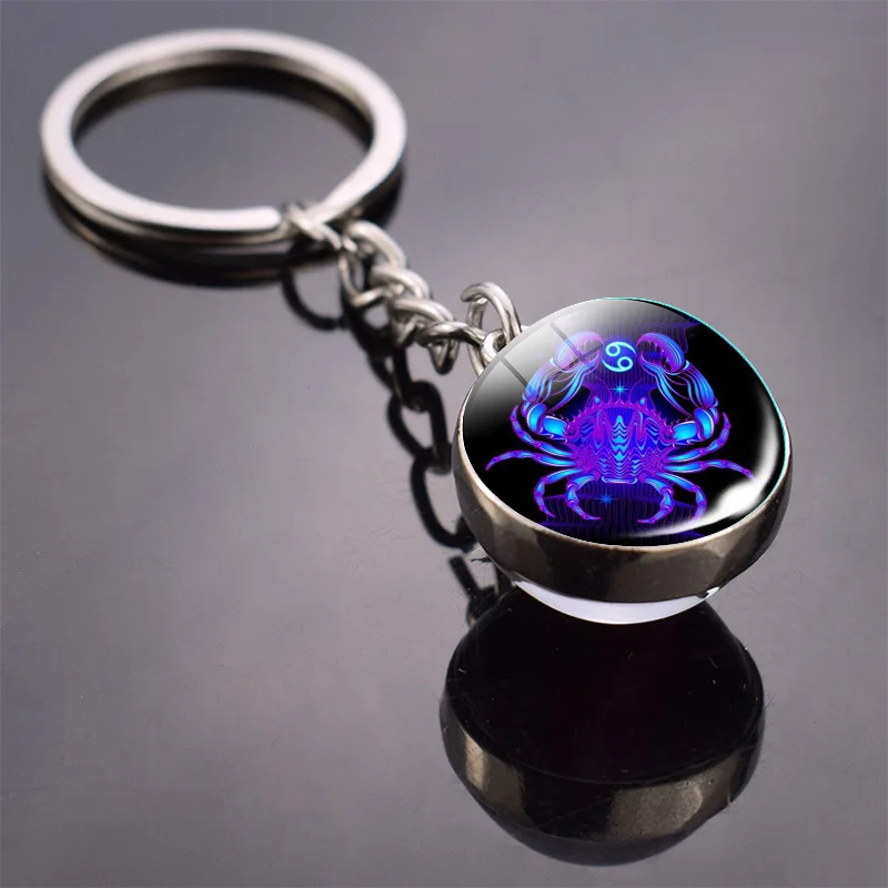 12 Constellation Keychain Luminous Glass Ball Pendant Zodiac Key Rings Keychains