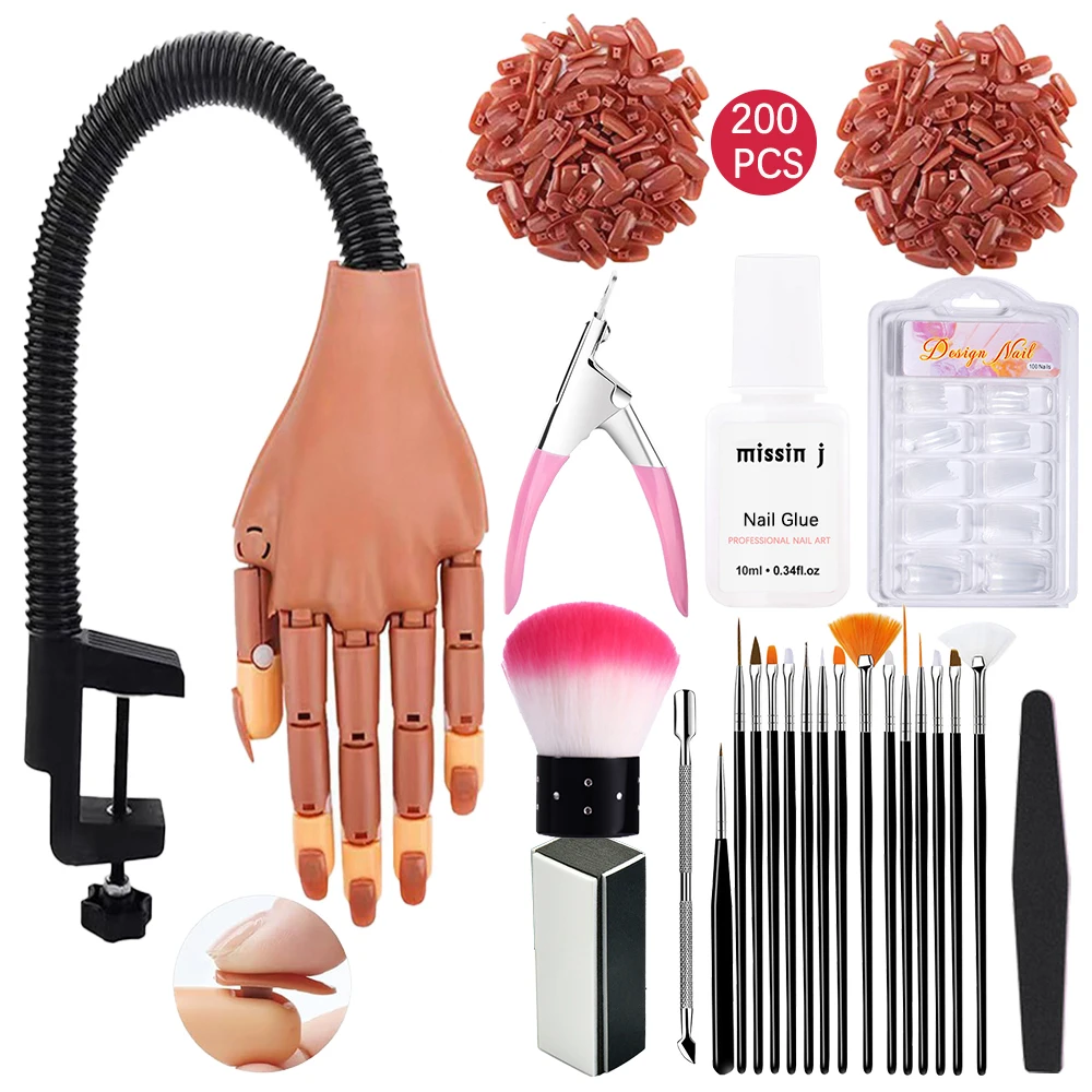 Complete Manicure Practice Hand Kit for Beginners Movable Nail Hand with 200pcs Nail Tips Nail Glues Brush and Clipper