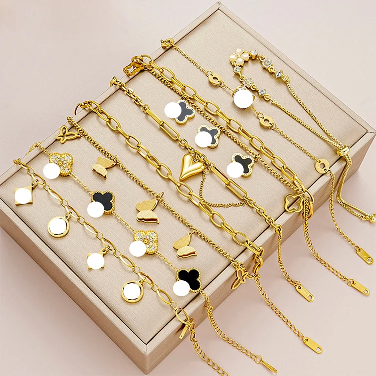 Hot Sell Fashion Jewelry Butterfly Heart Clover Shape 18K Gold Plated Stainless Steel Bracelet Bangles for Women