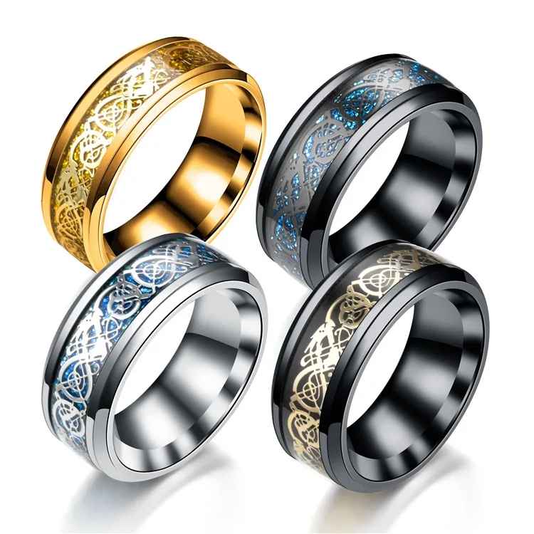Gold and silver dragon patterns rings for men luxury stainless steel mens rings