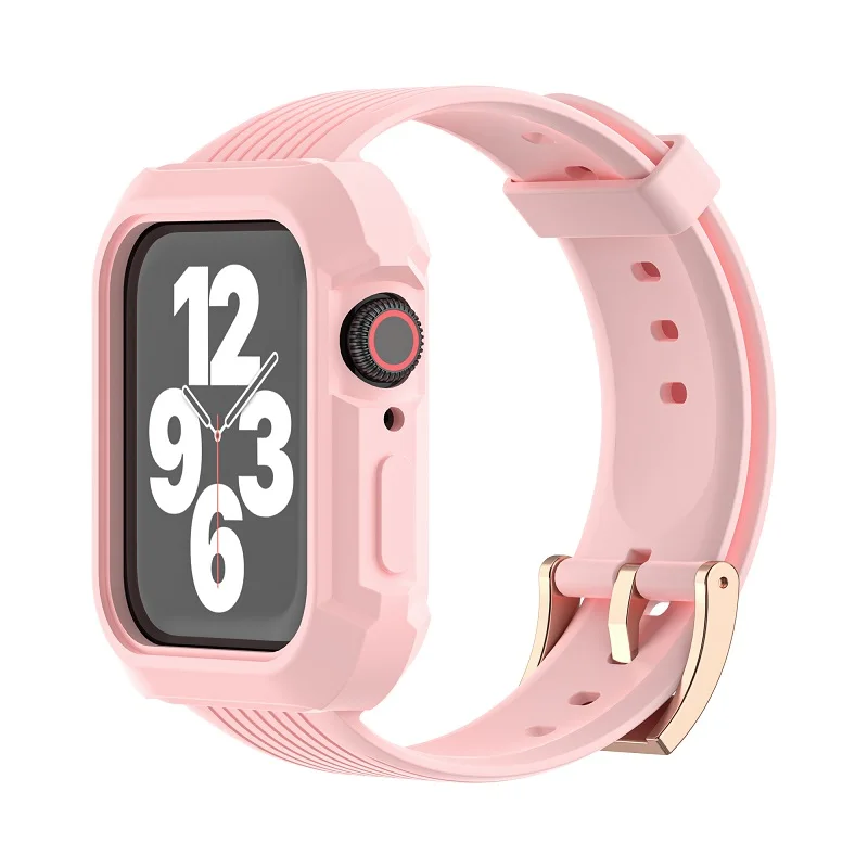 Silicone Band for Apple Watch Series 6 SE 5 4 3 38mm 40mm 42mm 44mm TPU Oil-Injected Integrated Watch Strap with Case